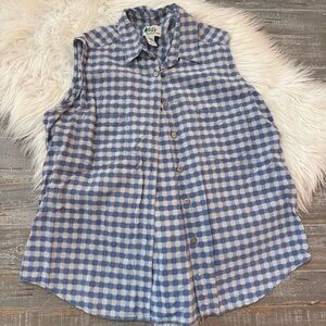 Vintage REI Blue & Cream Gingham Button Front 1980s Sleeveless Collared Top
